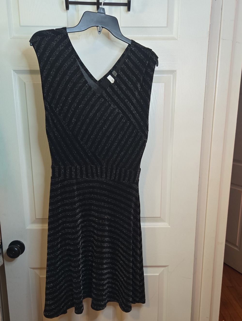 NY Collection Black Midi Dress with Silver Stripes